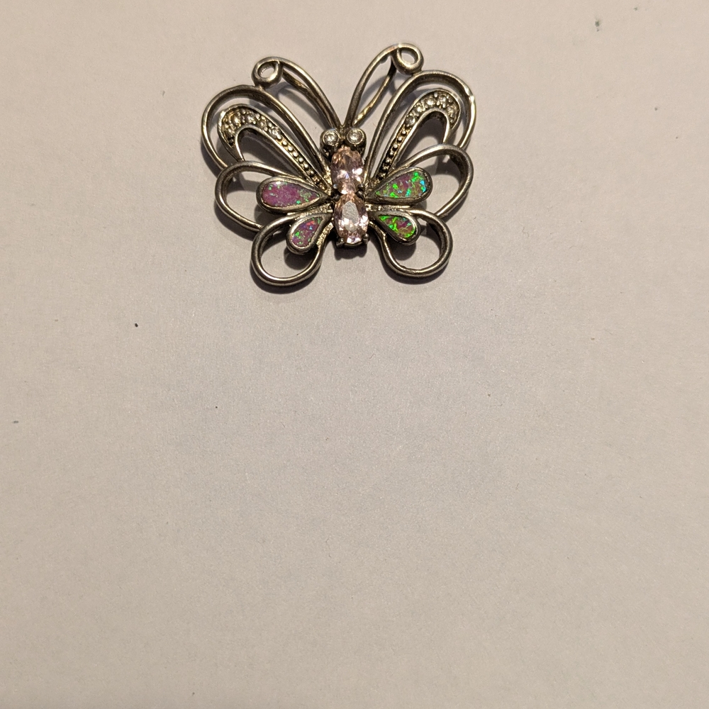 Silver Butterfly Brooch with Opal Accents
